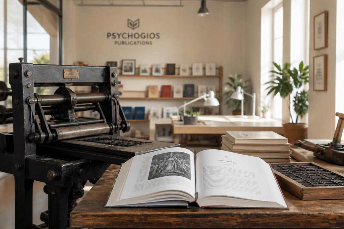 Traditional printing press and open book in a modern publishing studio